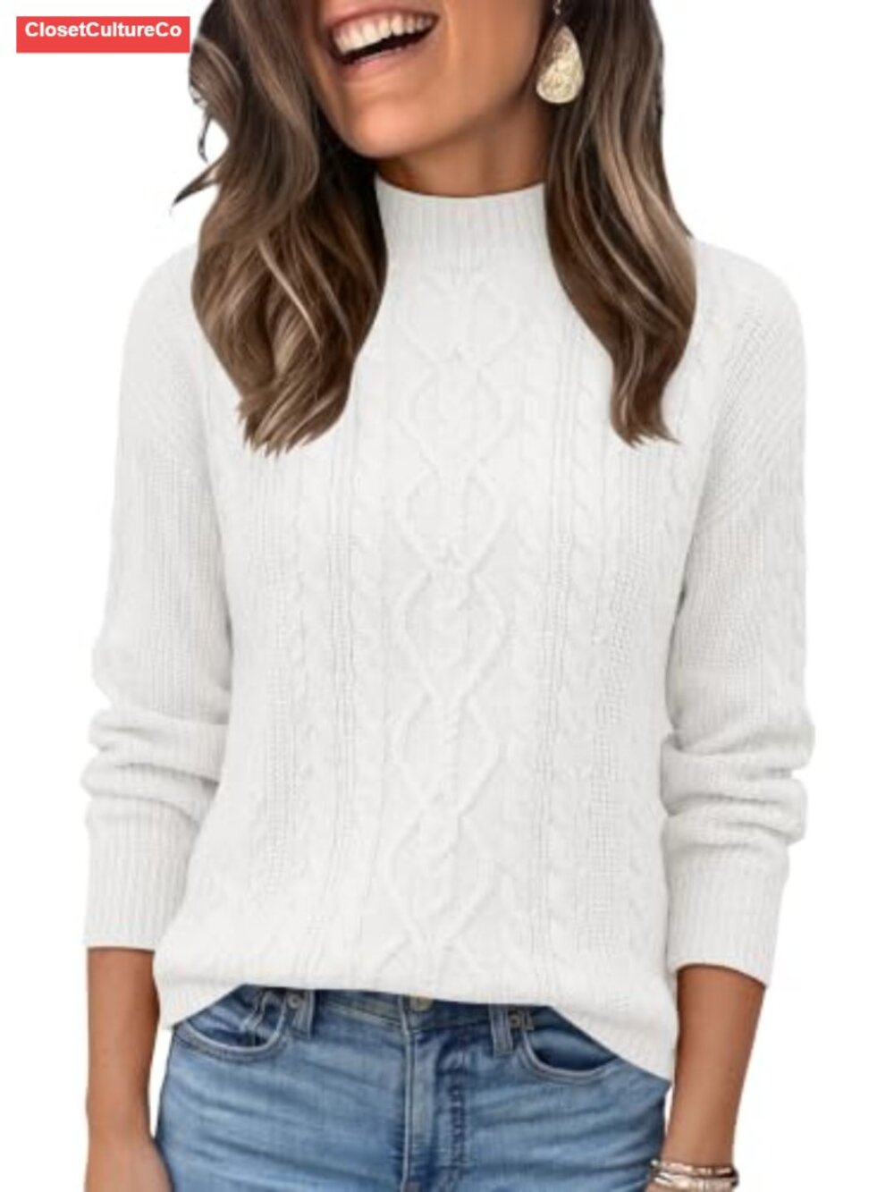 Cable Knit Mock Neck Long Sleeve Pullover Sweater